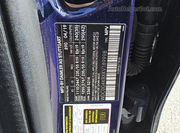 WDC0G4KBXKV189998 2019 MERCEDES-BENZ GLC-CLASS Blue VIN კოდის სტიკერის ხედი