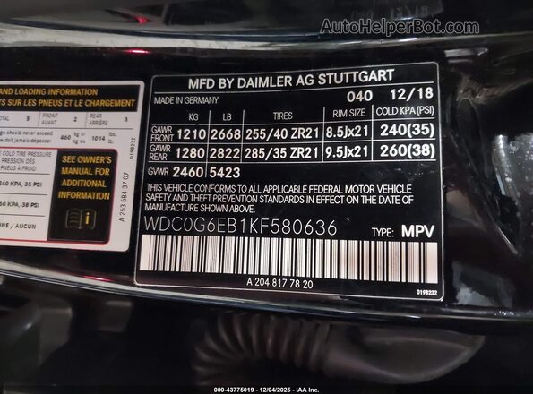 WDC0G6EB1KF580636 2019 MERCEDES-BENZ AMG GLC 43 Black Widok komory silnika