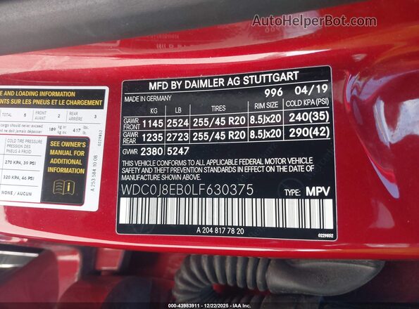 WDC0J8EB0LF630375 2020 MERCEDES-BENZ GLC 300 COUPE Red Вид підкапотного простору