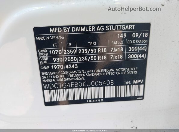 WDCTG4EB0KU005408 2019 MERCEDES-BENZ GLA 250 White Engine compartment view