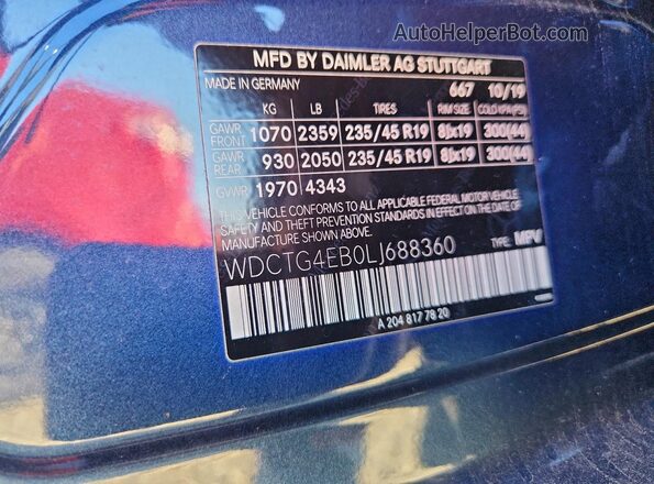 WDCTG4EB0LJ688360 2020 MERCEDES-BENZ GLA Blue VIN კოდის სტიკერის ხედი