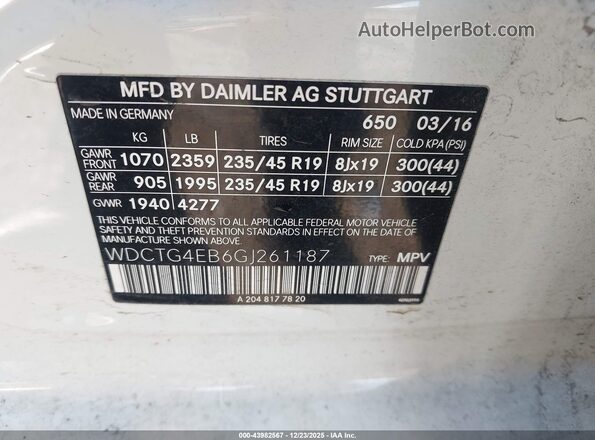 WDCTG4EB6GJ261187 2016 MERCEDES-BENZ GLA 250 White Вид підкапотного простору