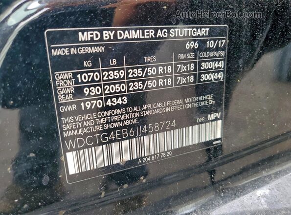 WDCTG4EB6JJ458724 2018 MERCEDES-BENZ GLA Black Вид наклейки з VIN-кодом