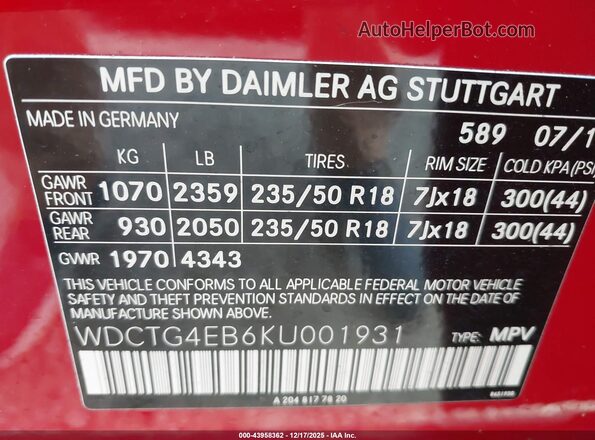 WDCTG4EB6KU001931 2019 MERCEDES-BENZ GLA 250 Red Շարժիչի բաժամունքի տեսք