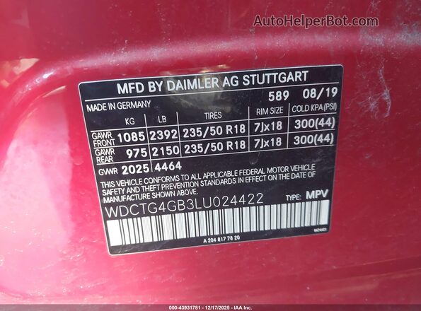 WDCTG4GB3LU024422 2020 MERCEDES-BENZ GLA 250 Red 