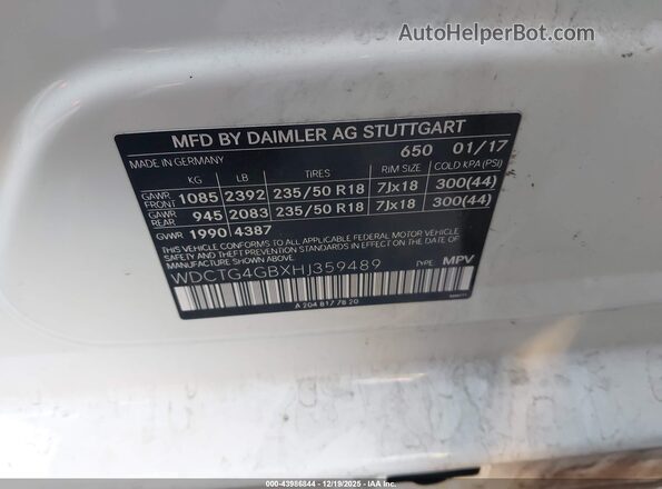 WDCTG4GBXHJ359489 2017 MERCEDES-BENZ GLA 250 White Widok komory silnika