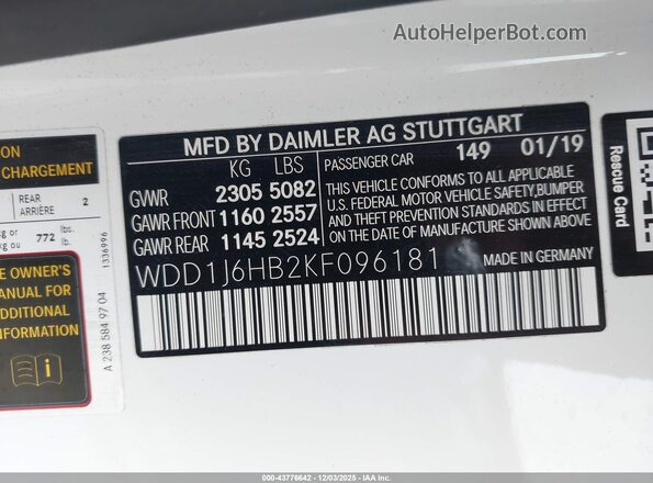 WDD1J6HB2KF096181 2019 MERCEDES-BENZ E-CLASS White Vista del compartimento del motor