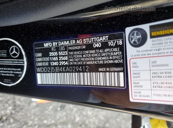 WDD2J5JB4KA029412 2019 MERCEDES-BENZ CLS-CLASS Черный Вид наклейки с VIN-кодом