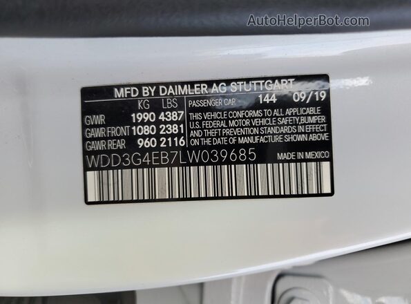 WDD3G4EB7LW039685 2020 MERCEDES-BENZ A White Вид наклейки з VIN-кодом