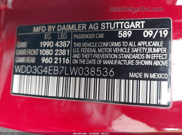 WDD3G4EB7LW038536 2020 MERCEDES-BENZ OTHER Red ძრავის განყოფილების ხედი