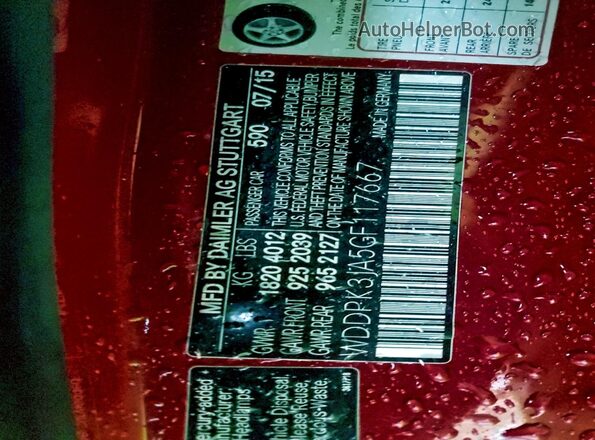 WDDPK3JA5GF117667 2016 MERCEDES-BENZ SLK Red VIN կոդի պիտակի տեսք