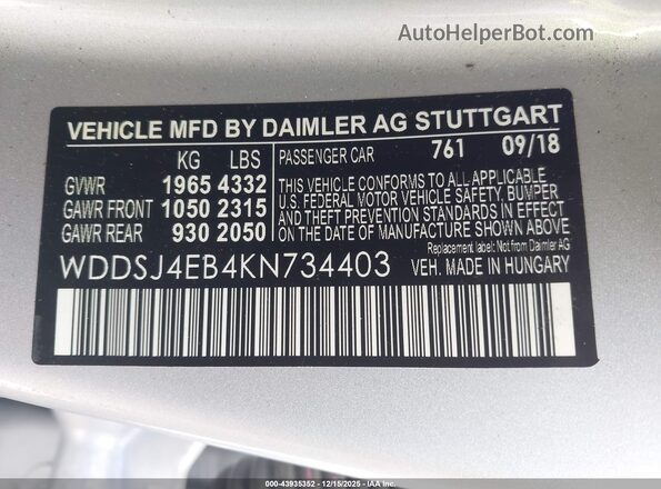 WDDSJ4EB4KN734403 2019 MERCEDES-BENZ CLA 250 Silver 