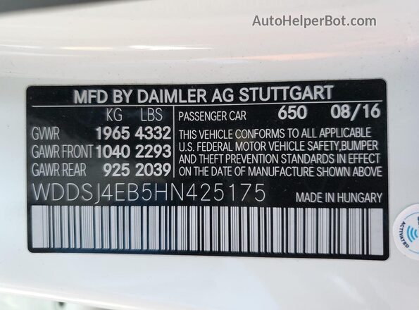 WDDSJ4EB5HN425175 2017 MERCEDES-BENZ CLA-CLASS White VIN კოდის სტიკერის ხედი