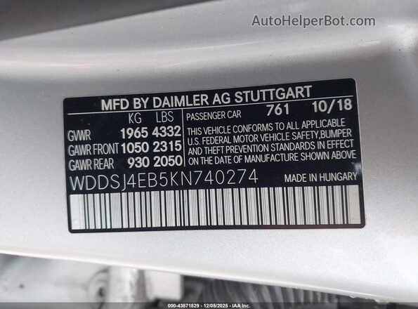 WDDSJ4EB5KN740274 2019 MERCEDES-BENZ CLA 250 Silver 