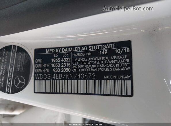 WDDSJ4EB7KN743872 2019 MERCEDES-BENZ CLA 250 White 