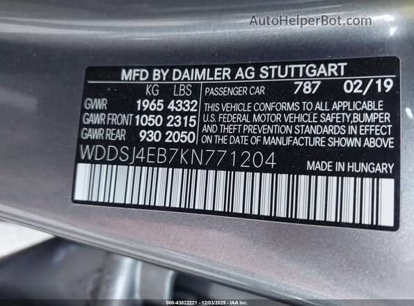 WDDSJ4EB7KN771204 2019 MERCEDES-BENZ CLA 250 Gray 