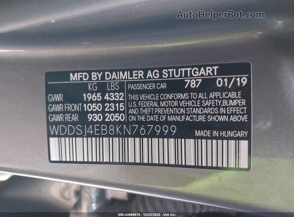 WDDSJ4EB8KN767999 2019 MERCEDES-BENZ CLA 250 Gray 