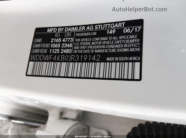 WDDWF4KB0JR319142 2018 MERCEDES-BENZ C-CLASS White 