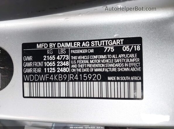 WDDWF4KB9JR415920 2018 MERCEDES-BENZ C-CLASS Gray 