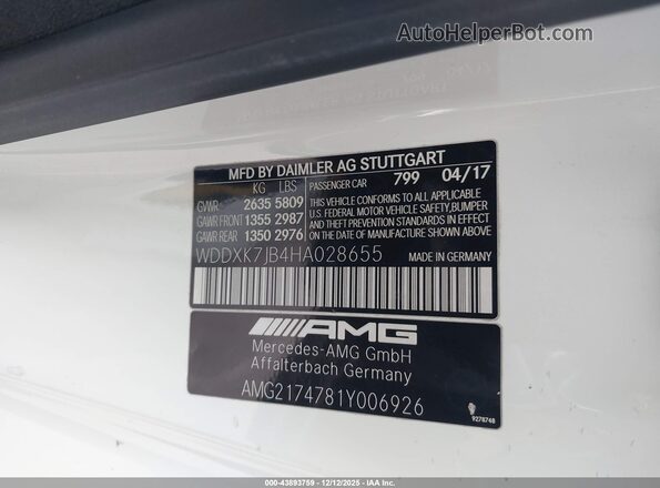 WDDXK7JB4HA028655 2017 MERCEDES-BENZ AMG S 63 White Вид підкапотного простору