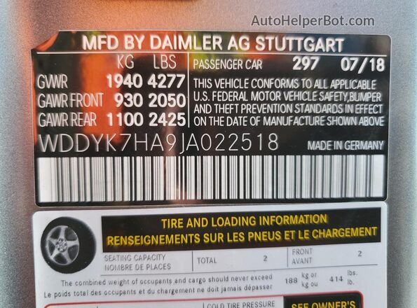 WDDYK7HA9JA022518 2018 MERCEDES-BENZ AMG Gray VIN sticker view