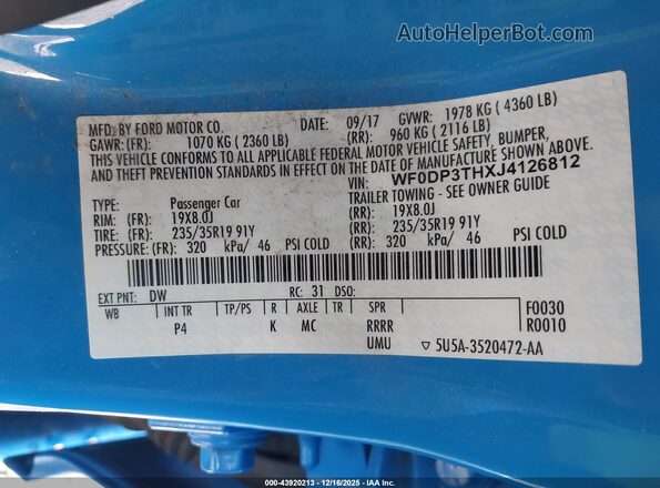 WF0DP3THXJ4126812 2018 FORD FOCUS RS Blue Vista del compartimento del motor