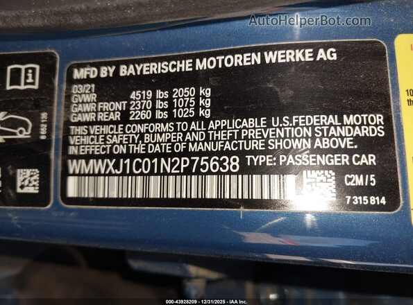 WMWXJ1C01N2P75638 2022 MINI CLUBMAN Blue Engine compartment view