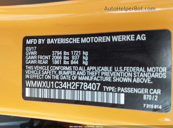 WMWXU1C34H2F78407 2017 MINI HARDTOP Yellow Շարժիչի բաժամունքի տեսք