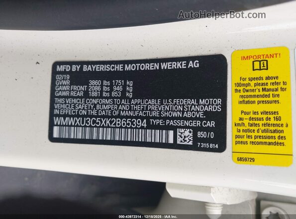 WMWXU3C5XK2B65394 2019 MINI HARDTOP Белый Вид подкапотного пространства