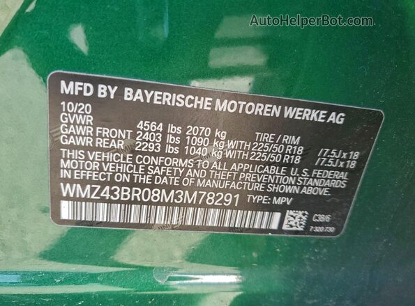 WMZ43BR08M3M78291 2021 MINI COOPER Зеленый Панорамный вид салона 360°
