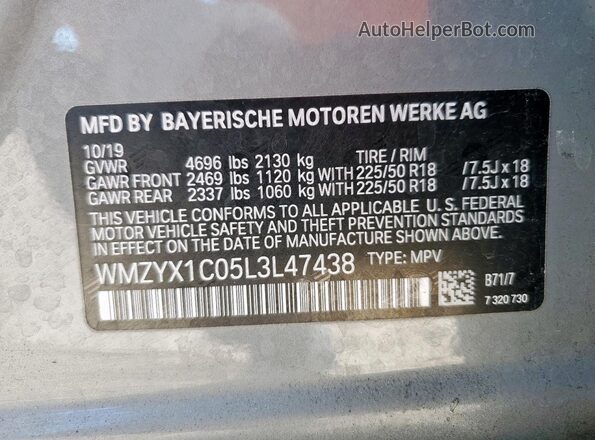 WMZYX1C05L3L47438 2020 MINI COOPER Gray Widok naklejki z numerem VIN
