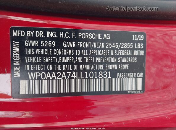 WP0AA2A74LL101831 2020 PORSCHE PANAMERA Red Շարժիչի բաժամունքի տեսք