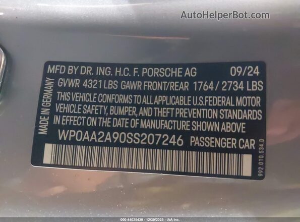 WP0AA2A90SS207246 2025 PORSCHE 911 Gray ძრავის განყოფილების ხედი