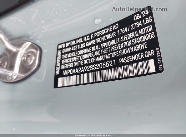 WP0AA2A92SS206521 2025 PORSCHE 911 Бирюзовый Вид подкапотного пространства