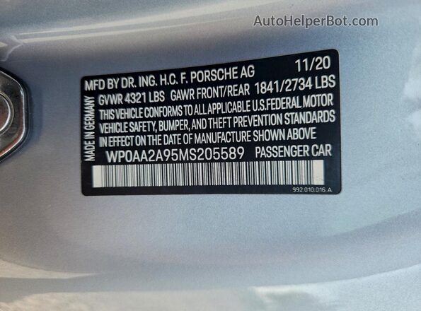 WP0AA2A95MS205589 2021 PORSCHE 911 Серебряный Вид подкапотного пространства