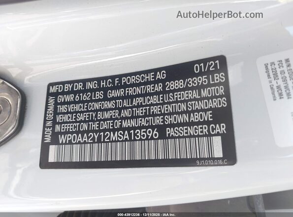 WP0AA2Y12MSA13596 2021 PORSCHE TAYCAN White Вид підкапотного простору