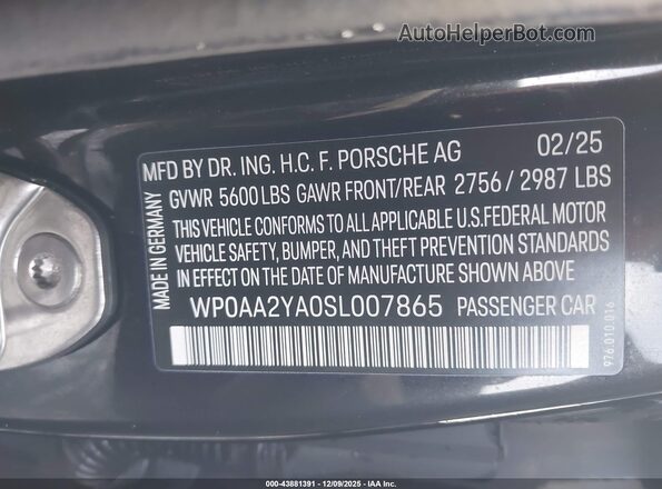 WP0AA2YA0SL007865 2025 PORSCHE PANAMERA Black Engine compartment view