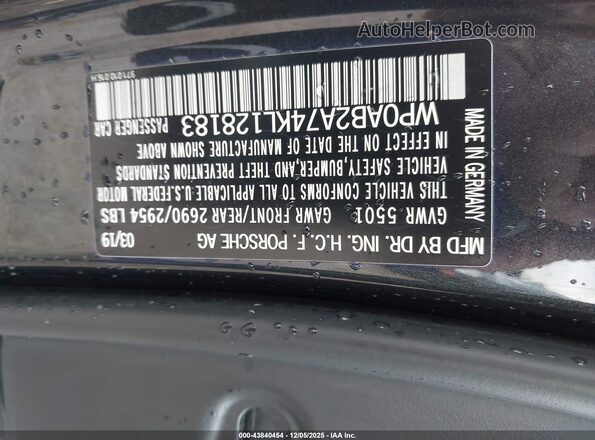WP0AB2A74KL128183 2019 PORSCHE PANAMERA Dark Blue Vista del compartimento del motor