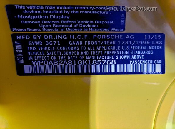 WP0AB2A81GK185768 2016 PORSCHE CAYMAN Желтый Вид подкапотного пространства