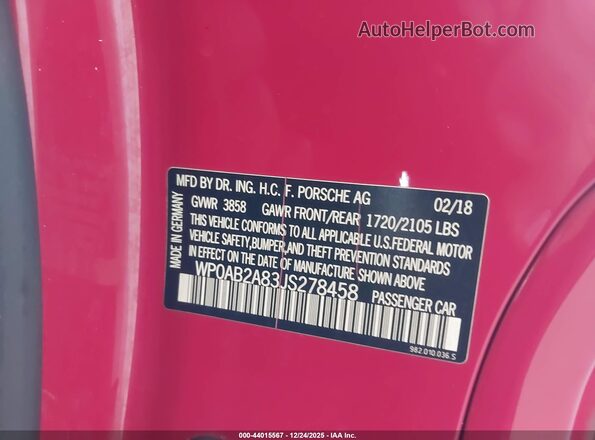 WP0AB2A83JS278458 2018 PORSCHE CAYMAN Red ძრავის განყოფილების ხედი