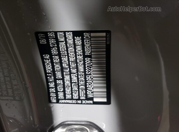 WP0AB2A95LS227099 2020 PORSCHE 911 Gray Vista de la etiqueta del VIN