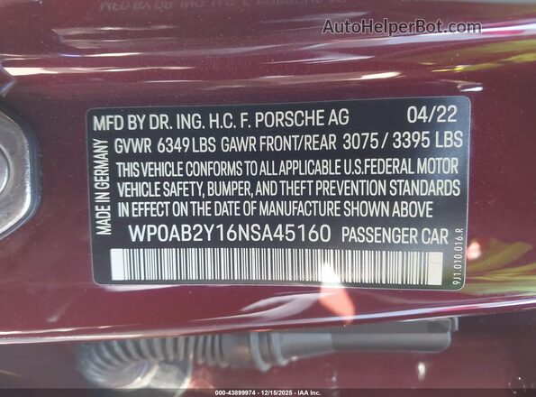 WP0AB2Y16NSA45160 2022 PORSCHE TAYCAN Maroon Շարժիչի բաժամունքի տեսք