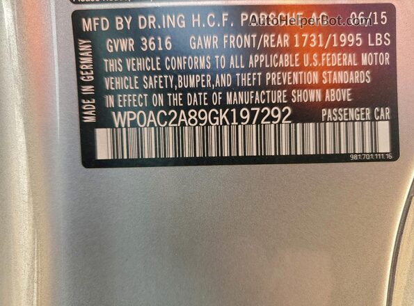 WP0AC2A89GK197292 2016 PORSCHE CAYMAN Silver Vista de la etiqueta del VIN