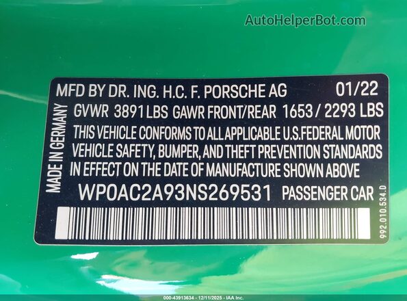 WP0AC2A93NS269531 2022 PORSCHE 911 Зеленый Вид подкапотного пространства