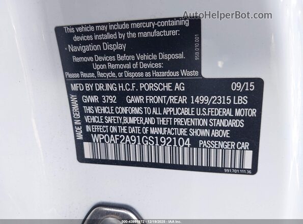 WP0AF2A91GS192104 2016 PORSCHE 911 White Widok komory silnika