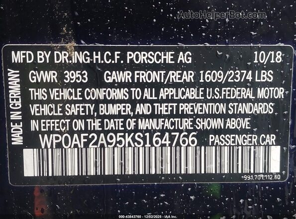 WP0AF2A95KS164766 2019 PORSCHE 911 Фиолетовый Вид подкапотного пространства