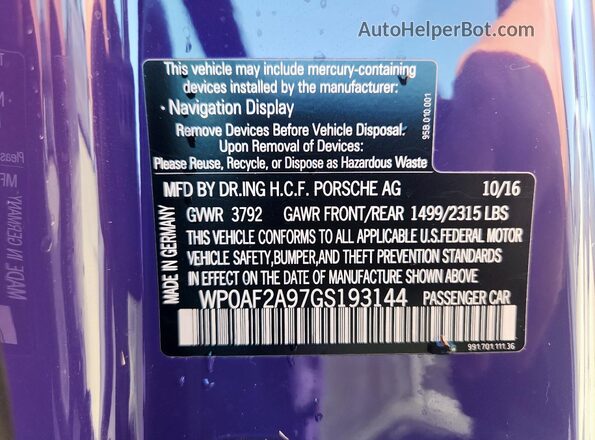 WP0AF2A97GS193144 2016 PORSCHE 911 Purple VIN կոդի պիտակի տեսք