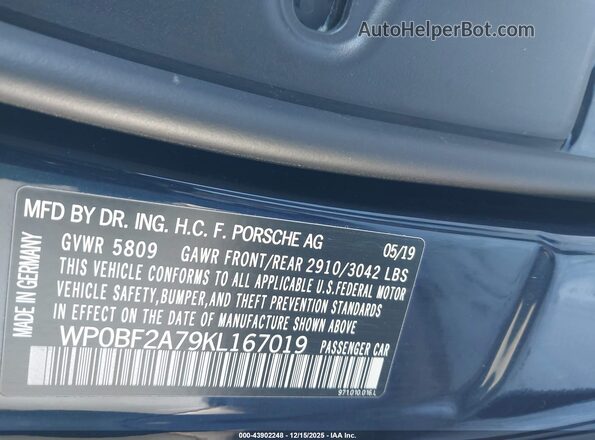 WP0BF2A79KL167019 2019 PORSCHE PANAMERA Blue Engine compartment view
