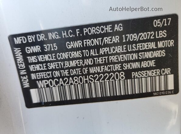 WP0CA2A80HS222208 2017 PORSCHE BOXSTER White 