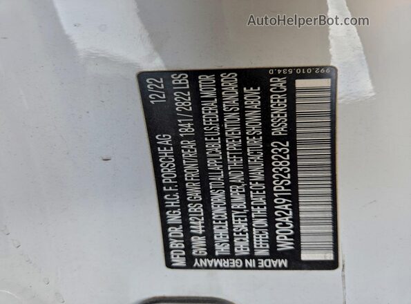 WP0CA2A91PS238232 2023 PORSCHE 911 Белый Вид наклейки с VIN-кодом